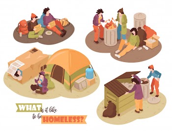 Isometric homeless people design concept with human characters waste bins and camp tents images with text vector illustration Free Vector