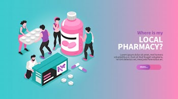 Isometric horizontal pharmacy banner with people holding drug packages concept 3d  illustration Free Vector