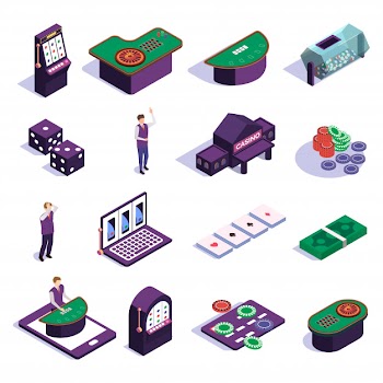 Isometric icons set with casino slot machines croupier and tools for gambling games isolated Free Vector