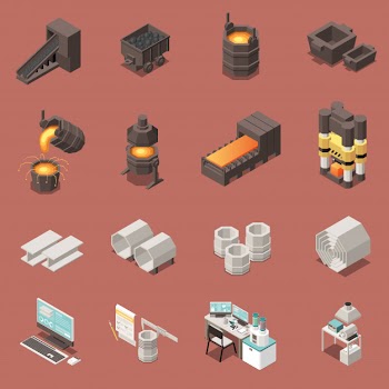 Isometric icons set with metal industry equipment 3d isolated vector illustration Free Vector