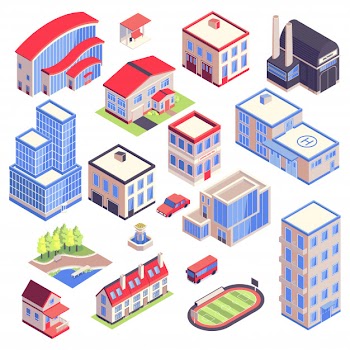 Isometric icons urban transport  architecture environment set  with isolated images of modern city buildings with different functions vector illustration Free Vector