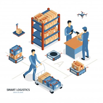 Isometric logistics delivery composition with images of shelves parcel boxes and human characters of workers vector illustration Free Vector