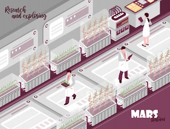 Isometric mars colonization laboratory composition with indoor view of laboratory with scientists test tubes and text Free Vector
