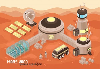 Isometric mars colonization landscape composition with text and martian terrain with extraterrestrial base buildings and people Free Vector