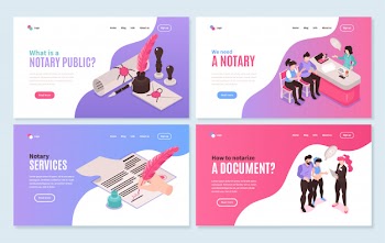 Isometric notary services horizontal banners collection with clickable links buttons and images of people and documents Free Vector
