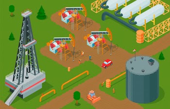 Isometric oil industry horizontal composition with petroleum production facilities storage and factory buildings with pump jacks Free Vector