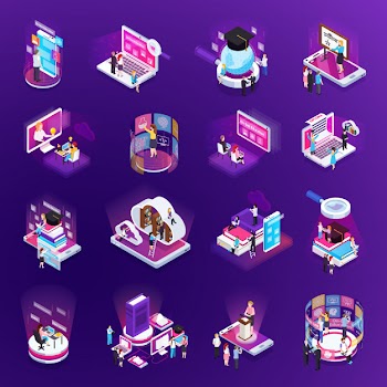 Isometric online education element collection Free Vector