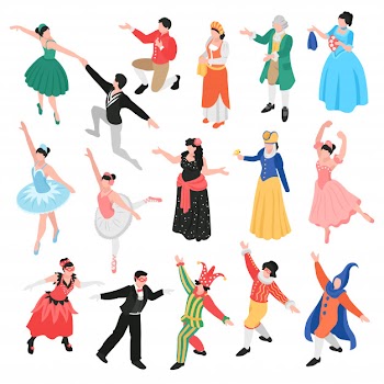 Isometric opera ballet theatre set with isolated human characters of theatrical actors and dancers in costumes Free Vector