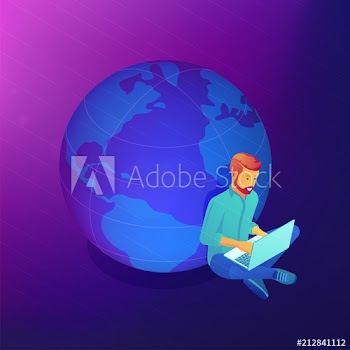 Isometric outsource developer designer working on laptop behind the globe