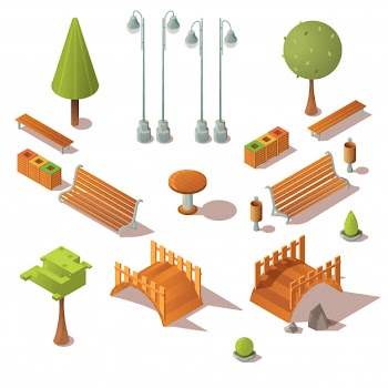 Isometric park set. benches, trees, wooden bridges Free Vector