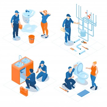 Isometric plumbing service home office bathroom sanitary fixing installations boiler heating system repair Free Vector