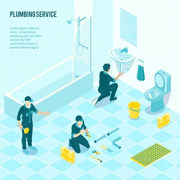 Isometric plumbing service team in uniform installing sanitary in toilet shower bathroom Free Vector
