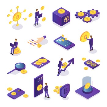 Isometric set of colorful cryptocurrency icons with people safe bitcoins card and electronic devices isolated Free Vector