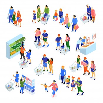 Isometric set of families doing shopping in supermarket Free Vector