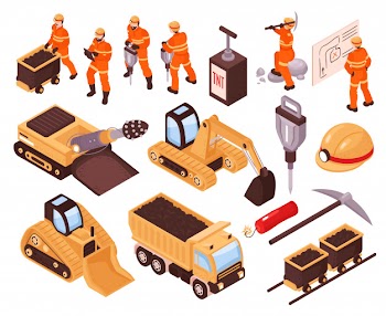 Isometric set of icons with mining machinery and miners isolated on white background 3d  illustration Free Vector