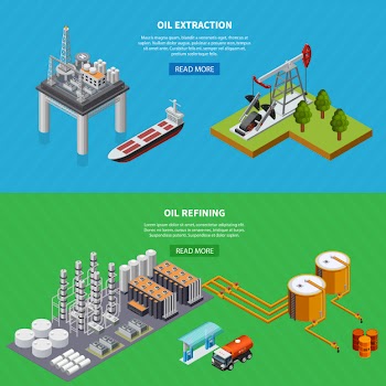 Isometric set of two horizontal banners with oil industry refining and extraction equipment Free Vector