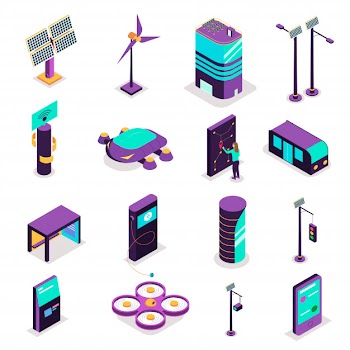 Isometric smart city technology set of isolated icons with terminals and futuristic devices with power stations vector illustration Free Vector