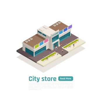 Isometric store mall shopping center composition banner with green button and big isolated shopping mall vector illustration Free Vector
