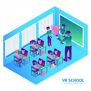 Isometric virtual reality composition with text and indoor view of futuristic classroom with teacher and kids vector illustration Free Vector