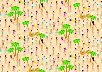Isometrics seamless background, 3d girls and men relaxing on the beach, beach party, ibiza, party, palms.