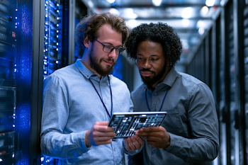 IT Specialists Analyzing Server Racks in Modern Data Center