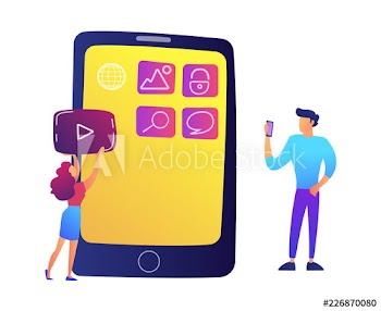 IT specialists creating mobile applications on smartphone screen vector illustration