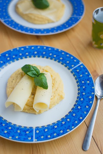 Italian corn polenta with cheese and basil 