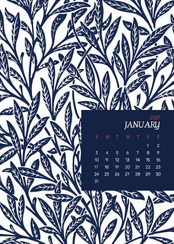 January 2021 printable calendar with William Morris blue floral pattern