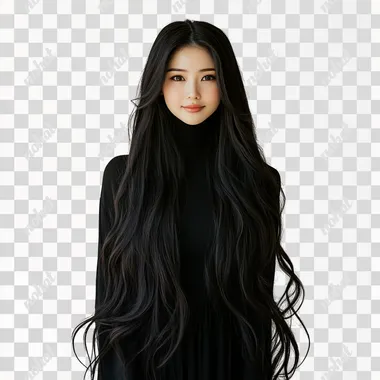 Japan female model with long black hair, classy commercial photography PNG