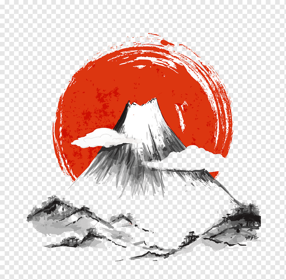 Japan Ink wash painting, Japanese Ink Painting, volcano with red background illustration, watercolor Painting, computer Wallpaper, japanese Food png
