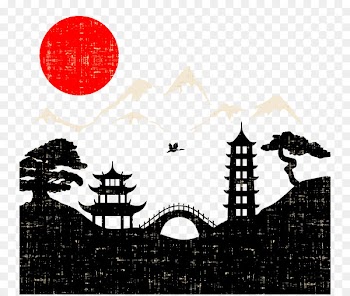 Japan Landscape painting - Southern town silhouette background 