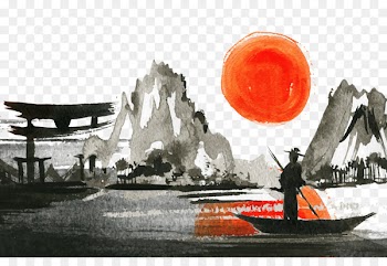 Japanese landscape Sunset Watercolor painting Landscape painting - China Wind Sunrise Landscape 