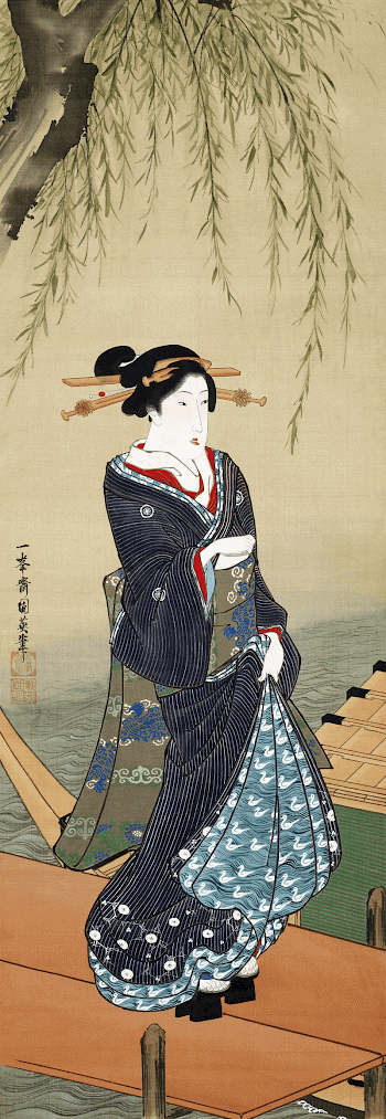 Japanese woman under a willow | Free Photo Illustration - rawpixel