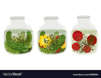 jar of pickled cucumbers tomatoes and pattisons