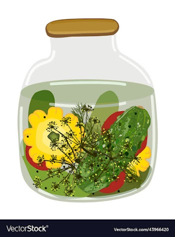jar of pickled cucumbers tomatoes and pattisons