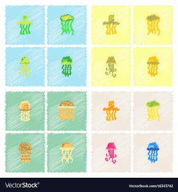 Jellyfish collection in hatching style vector image