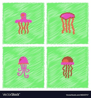 Jellyfish collection in hatching style vector image