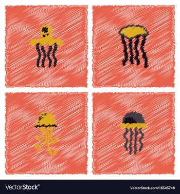 Jellyfish collection in hatching style vector image