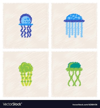 Jellyfish collection in hatching style vector image