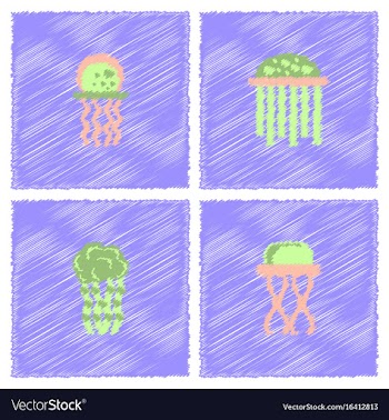 Jellyfish collection in hatching style vector image