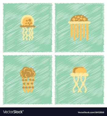 Jellyfish collection in hatching style vector image