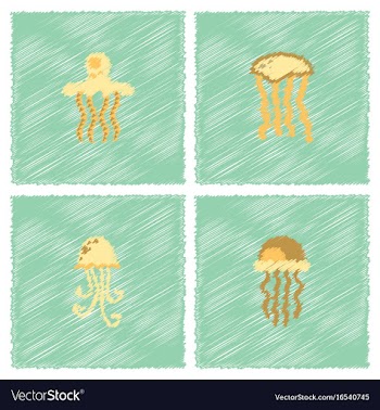 Jellyfish collection in hatching style vector image