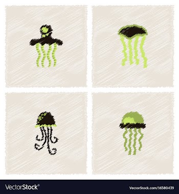 Jellyfish collection in hatching style vector image