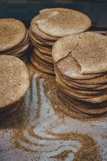 Jerusalem, Israel. July 27, 2018. Traditional Israeli flatbread with sesame