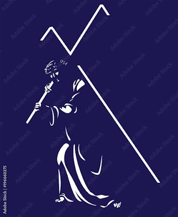 Jesus carrying a cross, a simple stylized vector illustration on a dark purple background. 