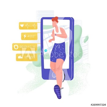 Jogging athlete, sprinter or sportsman walking out of smartphone and health indicators