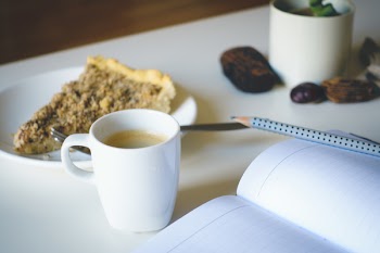 Journaling with cake and coffee 