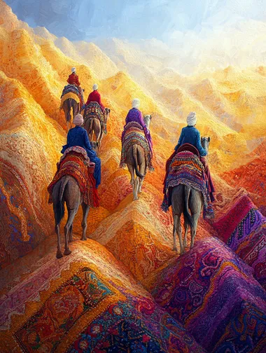Journey Through Fabric: Camel Riders on a Woven Horizon Journey Through Fabric: Camel Riders on a Woven Horizon
