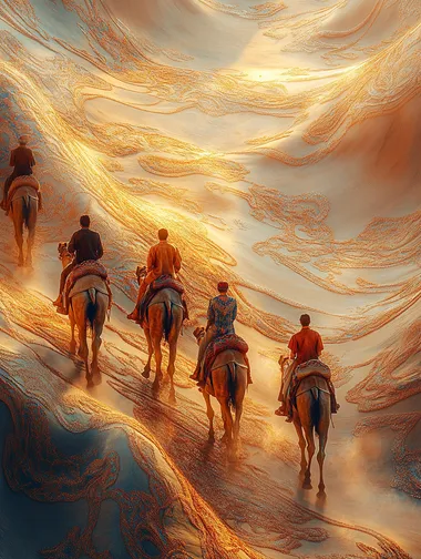 Journey Through Fabric: Camel Riders on an Endless Horizon Journey Through Fabric: Camel Riders on an Endless Horizon