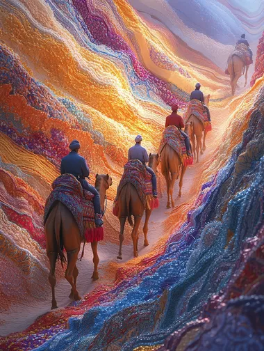 Journey Through Fabric Landscapes: Camel Riders on an Endless Horizon Journey Through Fabric Landscapes: Camel Riders on an Endless Horizon